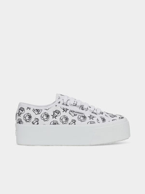 Womens Superga Canvas Rose Print White/Black Platform Sneakers