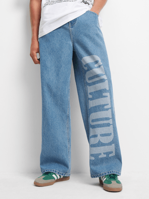 Men's Light Wash Straight Leg Baggy Denim Jeans