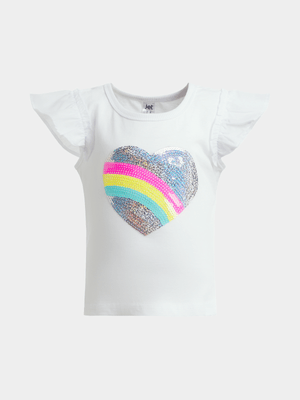 Jet Younger Girls White Rainbow Heart Frill T-Shirt