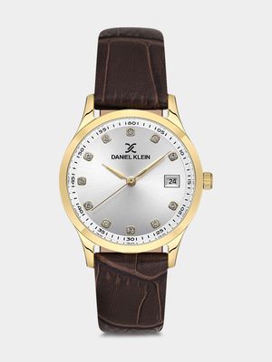 Daniel Klein Gold Plated Silver Tone Dial Brown Leather Watch