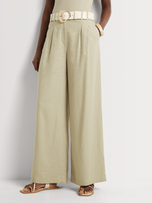 Linen Blend Wide Leg Pleated Pants