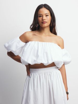 Women's White Balloon Sleeve Top