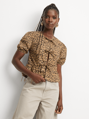 Women's Brown Animal Print Poplin Top With Front Ties