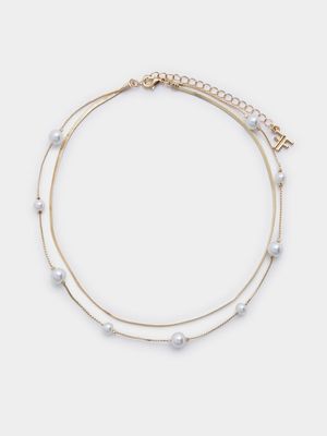 Double Strand Pearl Chain Necklace