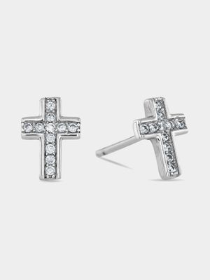 Sterling Silver & Cubic Zirconia Cross Stud Earrings