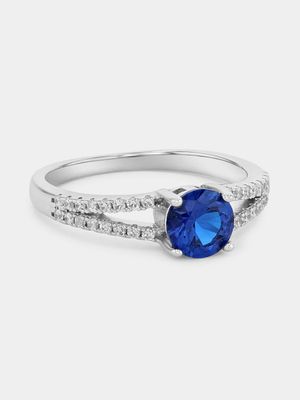 Sterling Silver Sapphire Blue Cubic Zirconia Round Solitaire Ring