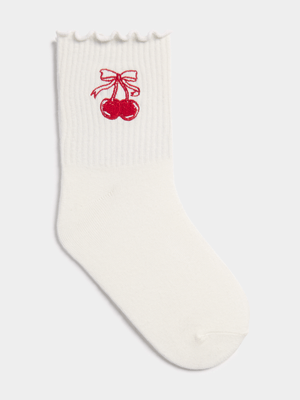 Women's White Cherry Lettuce Edge Sock