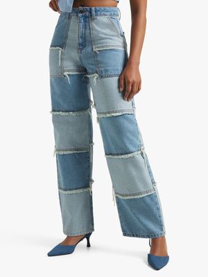 Women's Light Wash Patchwork Wide Leg Jeans