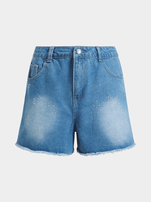 Jet Older Girls Blue Diamante Denim Shorts