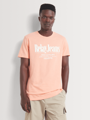 Men's Relay Jeans Slim Fit Branded Slogan Peach Graphic T-Shirt