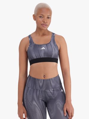 Womens adidas Powerreact Medium Support All Over Print Grey Sports Bra