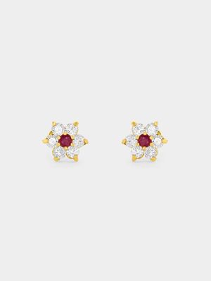 9ct Yellow Gold Red & White Cubic Zirconia Daisy Stud Earrings