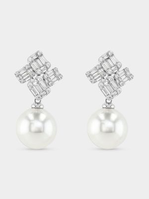 Sterling Silver Shell Pearl & Cubic Zirconia Drop Earrings