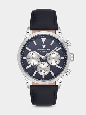 Daniel Klein Silver Plated Blue Leather Chronographic Watch