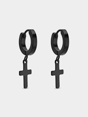 Stainless Steel Black Cross Drop Huggie Earrings