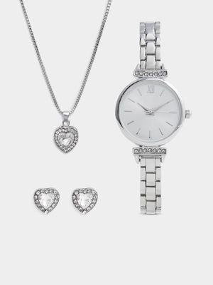 Women's Silver Necklace, Earrings & Watch Set