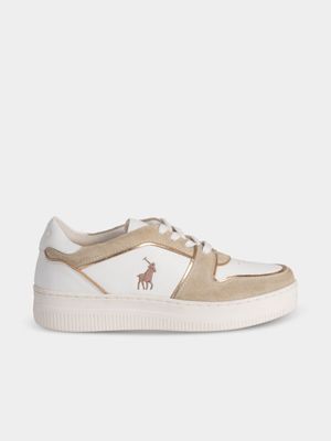 Women's Polo White with Gold Tipped Leather Platform Sneakers