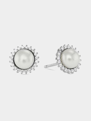 Sterling Silver Freshwater Pearl & Cubic Zirconia Daisy Stud Earrings