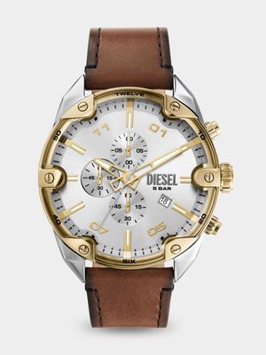 Diesel Spiked Silver & Gold Plated Stainless Steel Brown Leather Chronograph Watch