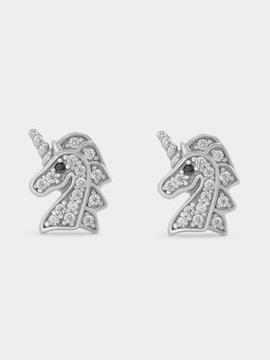 Sterling Silver Cubic Zirconia Unicorn Stud Earrings