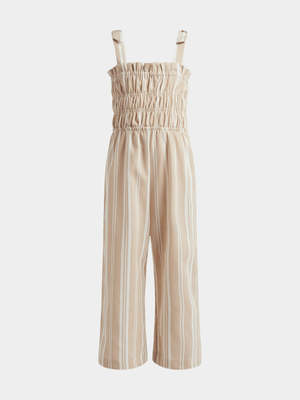 Younger Girl's Natural & White Striped Jumpsuit