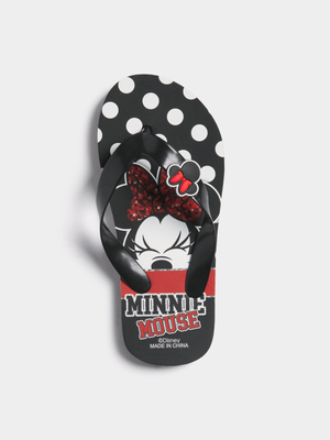 Jet Older Girls Black/White Minnie Mouse Flip Flops