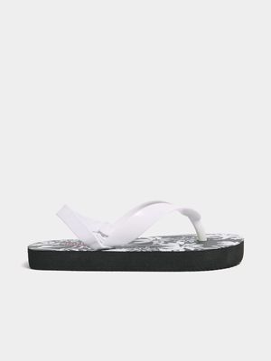 Younger Boy's White & Black Flip Flops