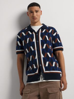 Men's Markham Button Through Diamond Blue Knitwear