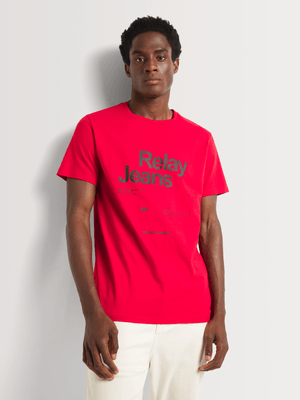 Men's Relay Jeans Slim Fit Scattered Text Red Graphic T-Shirt