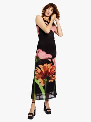 Women's Me&B Black Sunset Flower Sleeveless Mesh Dress