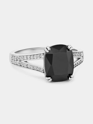 Sterling Silver Black Cubic Zirconia Rectangle Cushion Ring