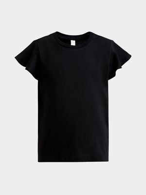 Older  Girl's Black Flutter Sleeve T-Shirt