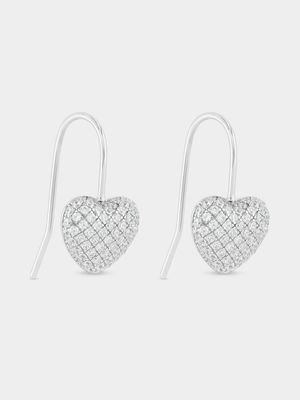 Sterling Silver Cubic Zirconia Puff Heart Drop Earrings