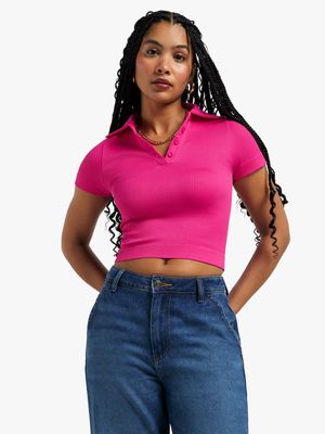 Women's Pink Johnny Collar Top With Buttons