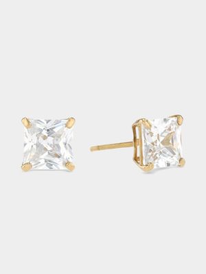 Yellow Gold Cubic Zirconia Square-Cut Stud Earrings