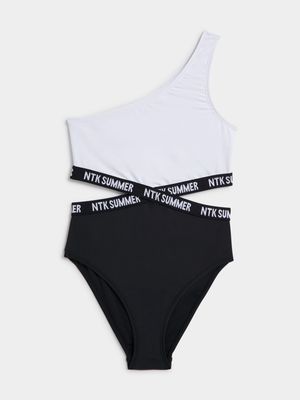 Jet Teen Girls Black/White Slogan Tape 1 Piece Swim Suit