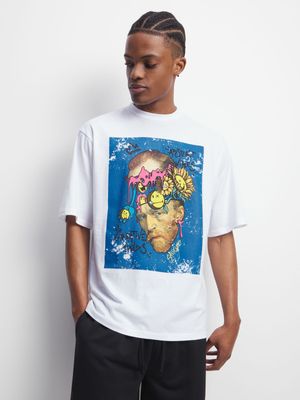 Men's White Smiley World Van Gogh Graphic Top