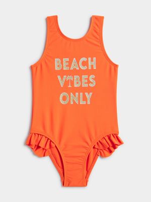 Jet Younger Girls Orange Slogan Frill 1 Piece Swim Suit