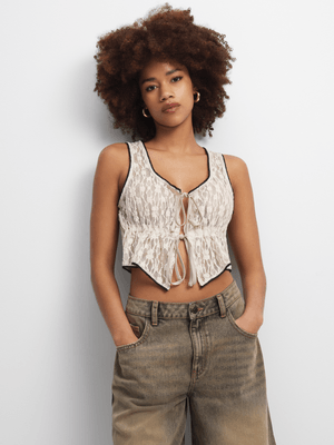 Women's Natural Lace Co-Ord Top With Front Ties