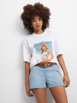 Women's White Western Postcard Girl Graphic Top