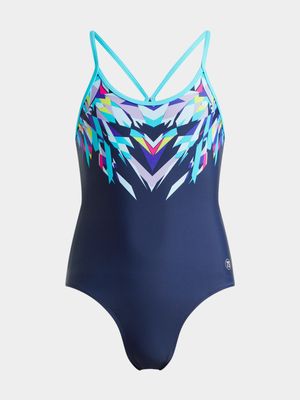 Girls TS Placement Print Thin Strap Navy Swimsuit