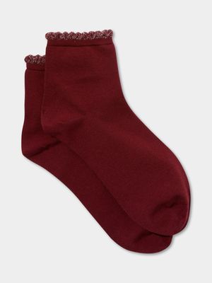 Women's Cotton On Red Scalloped Mid Crew Socks