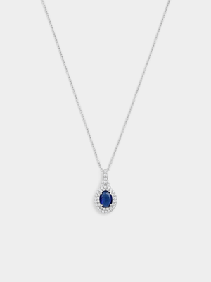 Sterling Silver Blue Cubic Zirconia Oval Double Halo Pendant