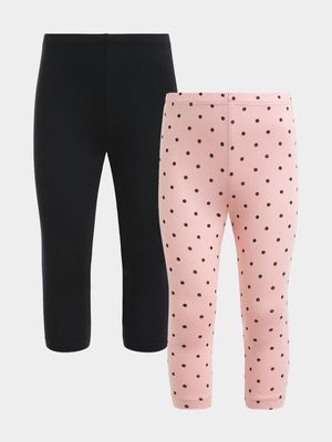 Older Girl's Black & Pink Spot 2-Pack Leggings