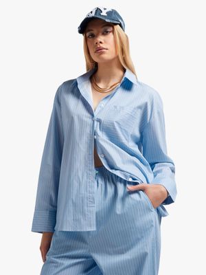 Women's Blue & White Striped Co-Ord Shirt