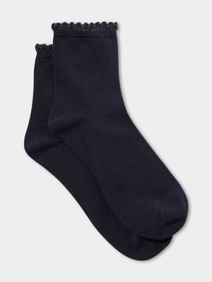 Women's Cotton On Navy Scalloped Mid Crew Socks