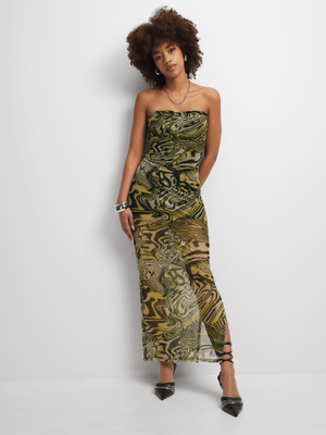 Women's Green Print Mesh Midaxi Dress