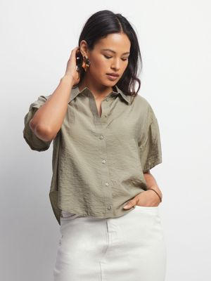 Women's Green Satin Boxy Shirt