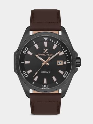 Daniel Klein Black Plated Black Dial Brown Leather Watch