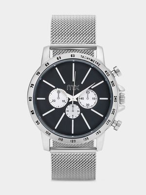 MX Silver Plated Black & Silver Tone Dial Mesh Watch